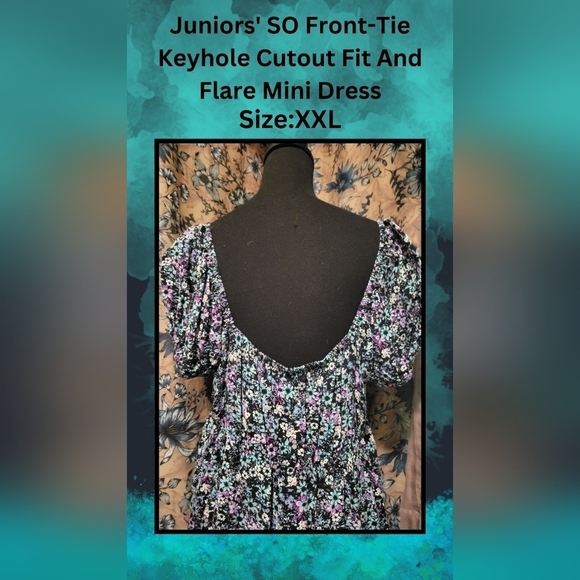 Juniors' SO Front-Tie Keyhole Cutout Fit & Flare Floral Mini Dress - Size XXL - Picture 9 of 11